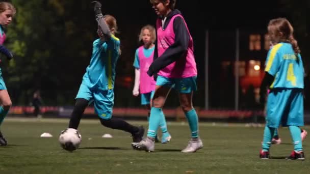 Volledig Shot Van Kleine Meisjes Blauwe Uniformen Oefenen Voetbal Voor — Stockvideo