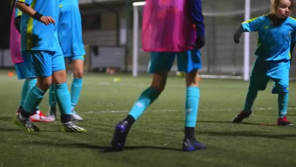 Närbild Skott Flickor Med Blå Uniformer Öva Fotboll Grön Plan — Stockvideo