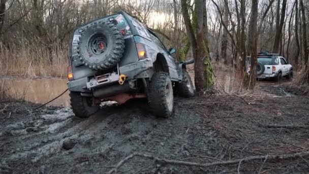 2024について カルワリア ポーランド オフロード車両が山を走っている 湿った泥や粘土の領域を通り抜けている 泥だらけのフィールドにトラック 高品質の4K映像 — ストック動画