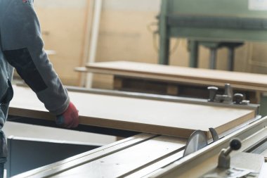 Marangozluk işinde marangozluk yapan bir marangoz. Küçük işletme sahibi atölyede tahta üzerinde dairesel testere ile kesilmiş. Yüksek kalite fotoğraf