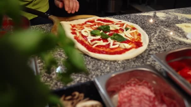 Wyjmowanie Neapolitańskiej Pizzy Przyprawami Pomidorami Serową Mozzarellą Piekarnika Wysokiej Jakości — Wideo stockowe