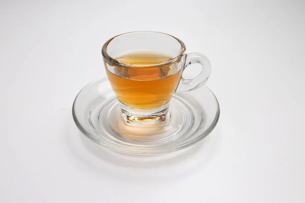 Heißer Tee Transparenter Glasuntertasse Auf Weißem Hintergrund — Stockfoto