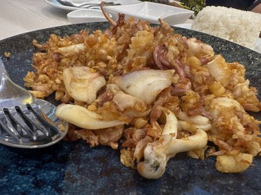 Kızarmış kalamar sığır balığı altın çıtır Tayland usulü. 