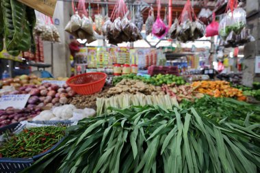 Early morning products and produce at Malaysian wet market selling fish beef chicken fruit vegetable grocery  clipart