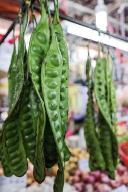 Early morning products and produce at Malaysian wet market selling fish beef chicken fruit vegetable grocery  clipart