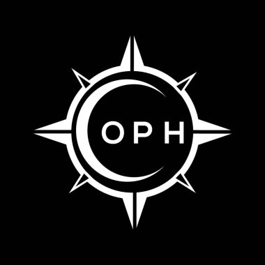 OPH soyut teknoloji çemberi logo tasarımını siyah arkaplan üzerine kuruyor. OPH yaratıcı harfler harfi logosu.