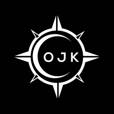 OJK soyut teknoloji çemberi logo tasarımını siyah arkaplan üzerine kuruyor. OJK yaratıcı harfler harfi logosu.