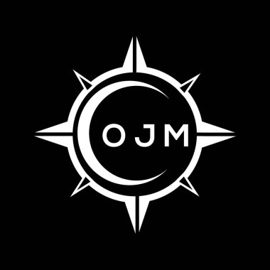 OJM soyut teknoloji çemberi logo tasarımını siyah arkaplan üzerine kuruyor. OJM yaratıcı harf logosu.