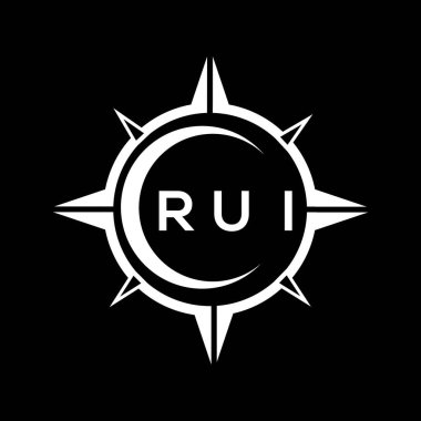 RUI soyut teknoloji çemberi logo tasarımını siyah arka plana ayarlıyor. RUI yaratıcı harflerin baş harfleri logo kavramı.