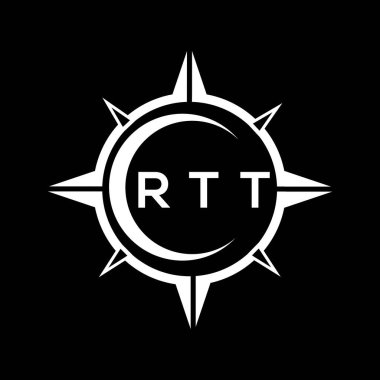 RTT soyut teknoloji çemberi logo tasarımını siyah arka plana ayarlıyor. RTT yaratıcı harflerin baş harfleri logo kavramı.