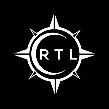 RTL soyut teknoloji çemberi logo tasarımını siyah arka plana ayarlıyor. RTL yaratıcı harflerin baş harfleri logo kavramı.
