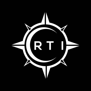 RTI soyut teknoloji çemberi logo tasarımını siyah arka plana ayarlıyor. RTI yaratıcı harflerin baş harfleri logo kavramı.