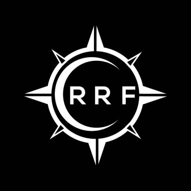 RRF soyut teknoloji çemberi logo tasarımını siyah arkaplan üzerine kuruyor. RRF yaratıcı harf logosu kavramı.