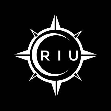 RIU soyut teknoloji çemberi logo tasarımını siyah arka plana ayarlıyor. RIU yaratıcı harflerin baş harfleri logo kavramı.
