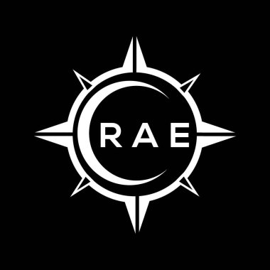 RAE soyut teknoloji çemberi logo tasarımını siyah arkaplan üzerine kuruyor. RAE yaratıcı harflerin baş harfleri logo kavramı.