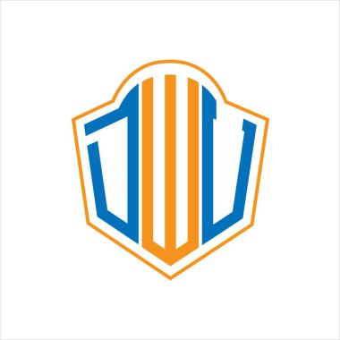 Beyaz arka planda WebDWU soyut monogram kalkan logosu tasarımı. DWU yaratıcı harflerin baş harfleri..