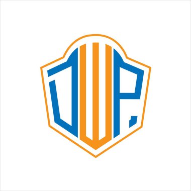 Beyaz arka planda DWP soyut monogram kalkan logosu tasarımı. DWP yaratıcı harflerin baş harfleri logosu.
