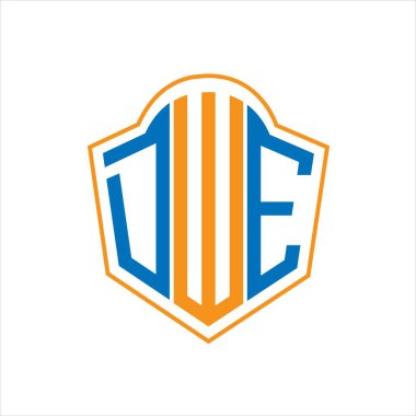 Beyaz arka planda DWE soyut monogram kalkan logosu tasarımı. DWE yaratıcı harf logosu.