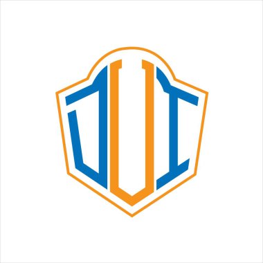 Beyaz arka planda DUI soyut monogram kalkan logosu tasarımı. DUI yaratıcı harfler harfi logosu.