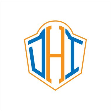 Beyaz arka planda DHI soyut monogram kalkan logosu tasarımı. DHI yaratıcı harf logosu.
