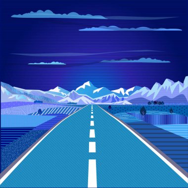 Abstract Mountain covered snow and road trip. Night sky with clouds. Nordic Landscape 2023 Norway scenery Winter Tourist attraction wallpaper Nord norge jord Norwegian Lofoten islands poster paint travel Contemporary Art Poster Wedding Voyage Invite