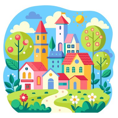 ABCD harflerini öğretmek için alfabe boyama kitabı kapağı tasarımı çocuklar okul öncesi eğitim renkli şehir manzarası karikatür evleri ağaç gökyüzü bulutları okul konsepti broşürleri tatil seyahat tarihi sayfaları çocuklara nazik dersler