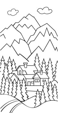 Karlı dağ manzarası, siyah-beyaz çizim çizgisi sanat vektör şablonu evler boyama kitaplarını öğrenen çocuklar için kayalık dağlar okul öncesi eğitim online üniversite Noel ağacı köknar ağacı gölü gökyüzü bulutları güneş