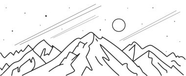 Karlı dağ manzarası, siyah-beyaz çizim çizgisi sanat vektör şablonu evler boyama kitaplarını öğrenen çocuklar için kayalık dağlar okul öncesi eğitim online üniversite Noel ağacı köknar ağacı gölü gökyüzü bulutları güneş