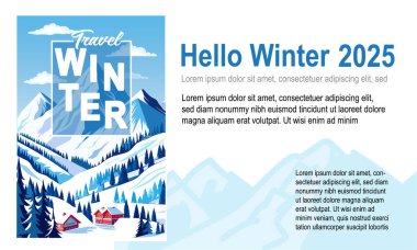 Kış karlı kayalık dağlar kırsal beyaz kar ormanı Noel ağacı gölü gökyüzü yıldızları güneş batımı Alpler panoramik seyahat otel evleri köy evleri modern takvim broşürleri tasarım sayfalar sert suluboya