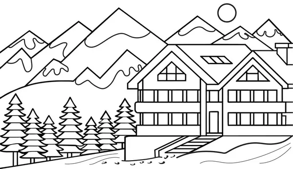 Neve Montanha Paisagem Preto Branco Ilustração Linha Arte Vetor Modelo — Vetor de Stock