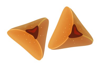 Beyaz vektör işaretinde izole edilmiş Hamantaschen kurabiyeleri. Hamantash, Haman 'a bir gönderme, Purim' in kötü adamı, Esther 'in kitabında tarif edildiği gibi. Hamur işleri, Yahudi halkının yenilen düşmanını sembolize eder. İbranice 