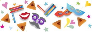 Mutlu Purim - Yahudi Tatil Hediye Kartı Şablonu Satılık Posta Hikayesi afişi Geleneksel semboller Gürültücü Gürültücü Mezarcı, Hammantaschen Kurabiyeleri Fırını, Taç, David İmza Festivali Karnavalı Karnaval Çocukları Parti Promosyon Pankartı Yıldızı
