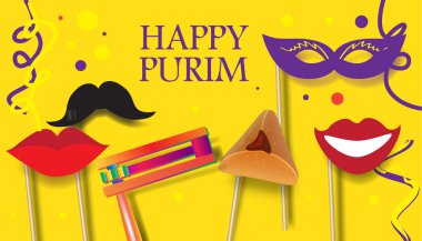 Mutlu Purim - Yahudi Tatil Hediye Kartı Satışı Hikayesi Pankartı Geleneksel semboller Gürültücü Gürültücü Saptırıcı, Hamantaschen Kurabiyeleri Fırın, Taç, David 'in Yıldızı Festivalin Dekorasyon Karnavalı Çocuk Karnavalı