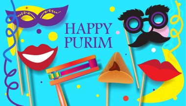 Mutlu Purim - Yahudi Tatil Hediye Kartı Satışı Hikayesi Pankartı Geleneksel semboller Gürültücü Gürültücü Saptırıcı, Hamantaschen Kurabiyeleri Fırın, Taç, David 'in Yıldızı Festivalin Dekorasyon Karnavalı Çocuk Karnavalı