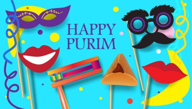 Mutlu Purim - Yahudi Tatil Hediye Kartı Satışı Hikayesi Pankartı Geleneksel semboller Gürültücü Gürültücü Saptırıcı, Hamantaschen Kurabiyeleri Fırın, Taç, David 'in Yıldızı Festivalin Dekorasyon Karnavalı Çocuk Karnavalı