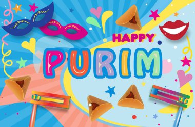 Mutlu Purim - Yahudi Tatil Hediye Kartı Satışı Hikayesi Pankartı Geleneksel yemek sembolleri Gürültücü Gürültücü Saptırıcı, Hamantaschen Kurabiyeleri Fırın, Taç,
