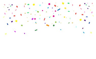 Beyaz arka planda izole edilmiş renkli konfetiler 2024 soyut Rio Brezilya Karnavalı dans festivali gecesi mutlu geçit töreni New Orleans, Mardi Gras, Notting Hill London, Venezia maskeli havai fişek pankartı İspanyol San Fermin kartı