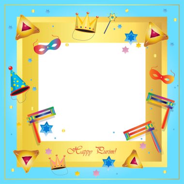 Mutlu Purim - Yahudi Tatil Hediye Kartı Satışı Hikayesi Pankartı Geleneksel semboller Gürültücü Gürültücü Saptırıcı, Hamantaschen Kurabiyeleri Fırın, Taç, David İmza Festivali Karnavalı 'nın yıldızı Çocuklar için Promosyon Pankartı boş Sayfası 