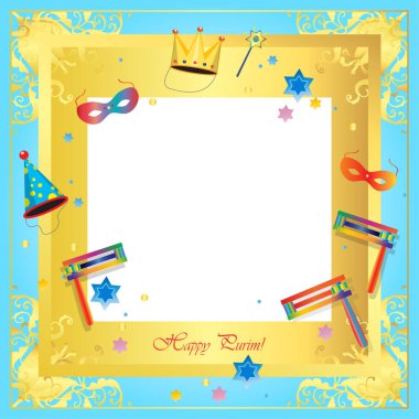Mutlu Purim - Yahudi Tatil Kartı Şablonu yıldızı David ikon sembolü geleneksel semboller sarhoş edici mezarcı oyuncakları, hamantaschen kurabiyeleri çocuk festivali dekorasyon karnavalı çocuk reklam pankartı boş sayfa 