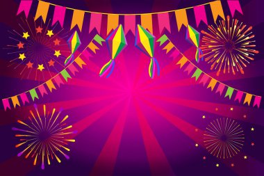 Brezilya Geleneksel Kutlama Festivali Junina. Porto Portekiz 'den Aziz John yaz festivali Brezilya metni. Karnaval, maskeli bayrak, konfeti, çelenk, şenlik dekorasyonu. Portekiz Geleneksel Müzik Dansı, Havai fişek, Oyun 2024