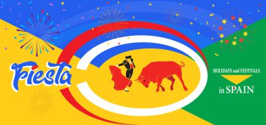 İspanya şenlikleri ya da soyut afişler. İspanyol San Fermin Festivalleri duvar kağıdı. Bu ünlü kutlama şehri Pamplona Fiesta Havai fişek Festivali Matadoru Corrida Arena Boğa Dövüş Stadyumu 'nun ana ilgi odağı.
