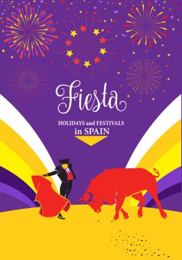 İspanya şenlikleri ya da soyut afişler. İspanyol San Fermin Festivalleri duvar kağıdı. Bu ünlü kutlama şehri Pamplona Fiesta Havai fişek Davetiyesi Matadoru Corrida Arena boğa güreşi