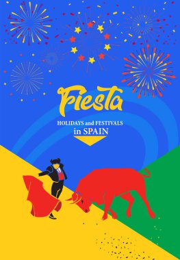İspanya şenlikleri ya da soyut afişler. İspanyol San Fermin Festivalleri duvar kağıdı. Bu ünlü kutlama şehri Pamplona Fiesta Havai fişeklerinin asıl ilgi odağı boğa koşusudur.