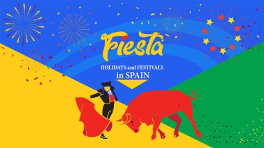 İspanya şenlikleri soyut boğa posteri ile savaşıyor. İspanyol San Fermin Festivalleri duvar kağıdı. Koşan boğalar ana eğlence, Pamplona Fiesta logosu boğa güreşi matadoru Corrida arena sanat vektörü