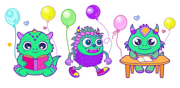 stock vector Cute little monsters with balloons runs hurries to a birthday party brings gift to a friend Cheerful ghosts in costumes Happy Halloween Dance party sign for invitation card ABC learning book cover cartoon Fun Characters Spooky sticker icon set vector