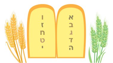 Tevrat 'ın, beyaz zemin üzerinde on adet taş tableti bulunan iki tableti İbranice harflerle izole edilmiş Yahudi Tatil Pentecost Shavuot bayramı ikonu dini gelenekleri Hamursuz Bayramı kartı Kudüs İsrail Tepesi poster kağıdı