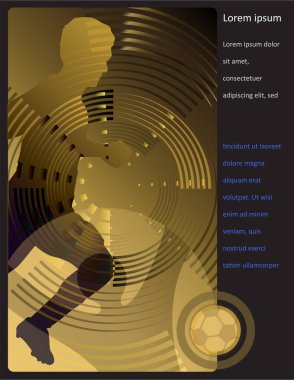 Soyut futbol müsabakası afişi, altın vatalar, parlak çizgiler futbol topu yıldızları, taraftarlar siluet dinamik akışkan elementler çerçeveler, sınır sarı yuvarlak gradyan arka plan şablonu spor dünyası festivali kazananı 2025