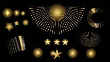 Yıldızlar hedefler için izole edilmiş şekiller. Kazanan altın ışınlar, futbol yıldızı ışıltısı dalgaları dinamik sıvı elementler işaret ediyor. Yıldız patlaması dokusu parlak dinamik sıvı güneş patlaması parlayan ateş sembolleri sınır müziği.