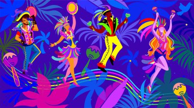 Karnaval kostümlü neşeli genç dansçılar maracas müzisyenleri, maracas Samba kadınları ve erkekleri bir maskeli balo, soyut tropik palmiye ağaçları, kuşlar, çiçeklerle dans eden Mardi Gras, çağdaş sanat bayramları, Venedik yaz tatili.