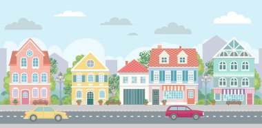 Avrupa sokak kahvecisi şehir manzarası panoramik manzara arka plan mimarisi şehir manzarası evleri okul evleri kaldırımlar Avrupa bistro düz vektör şablonu Art London Paris Roma Retro posteri